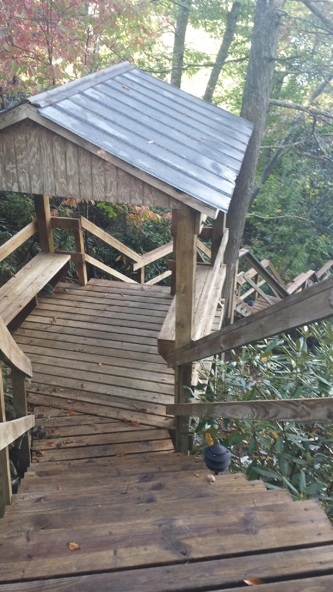 Metal roofed shelter over wooden steps on a wooded walkway — Skylight Repair & Installation work by our crew in Ellijay